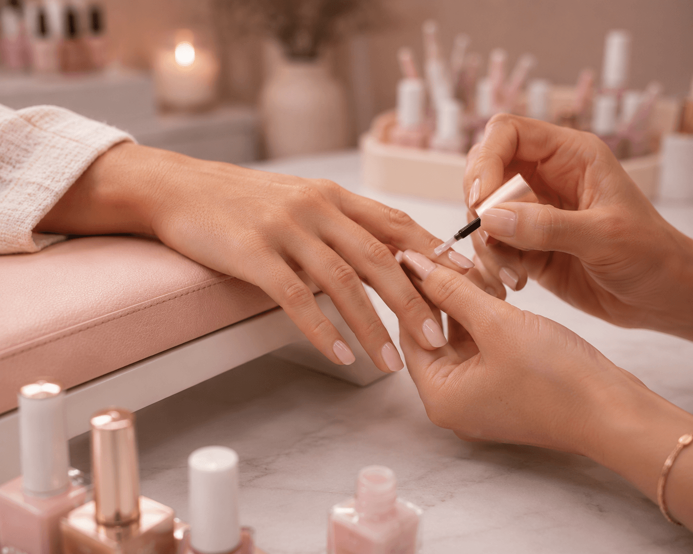 Manicurist applying gel polish during a nail treatment