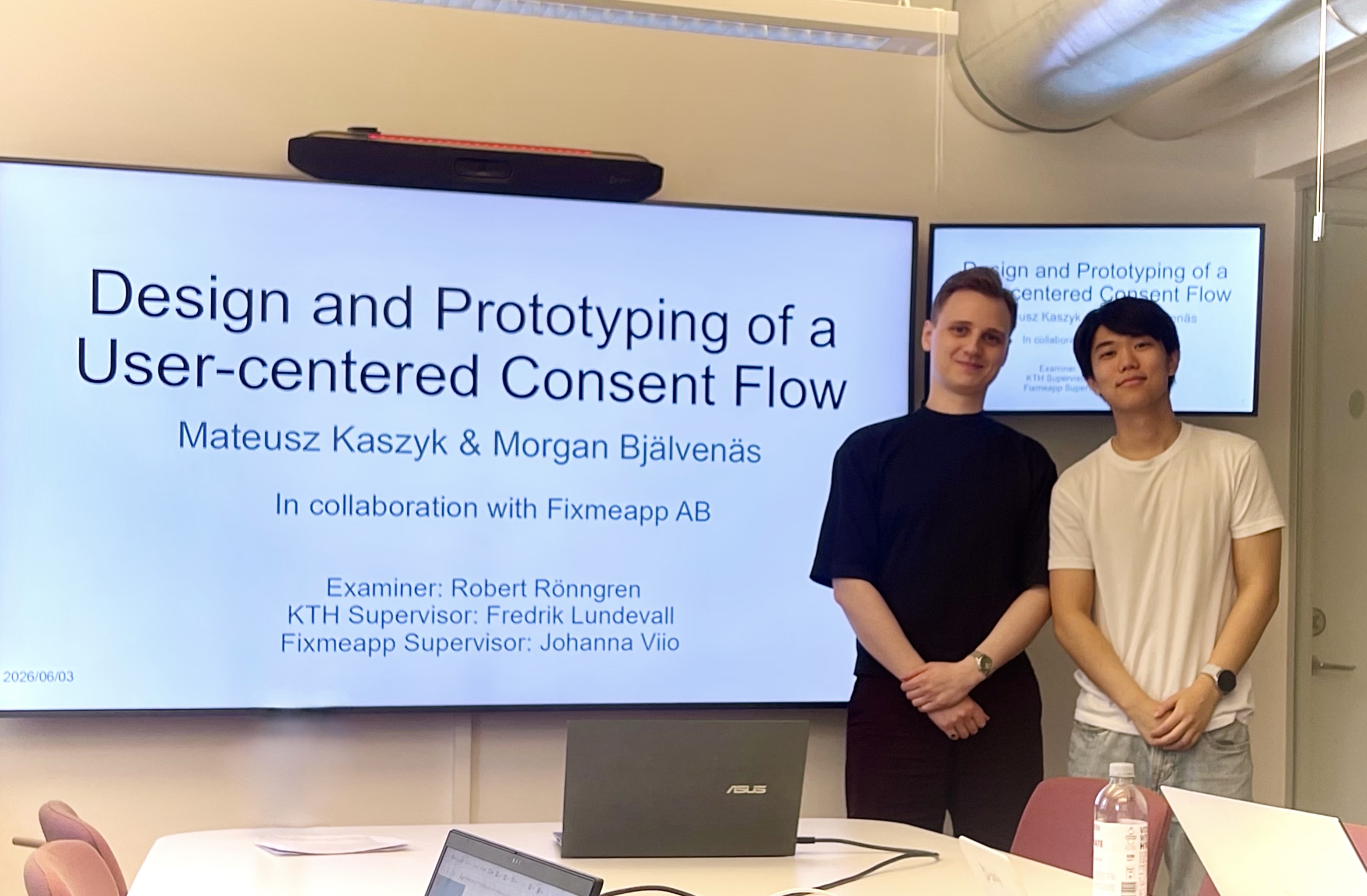 Mateusz Kaszyk and Morgan Bjälvenäs presenting their thesis at KTH, June 2026