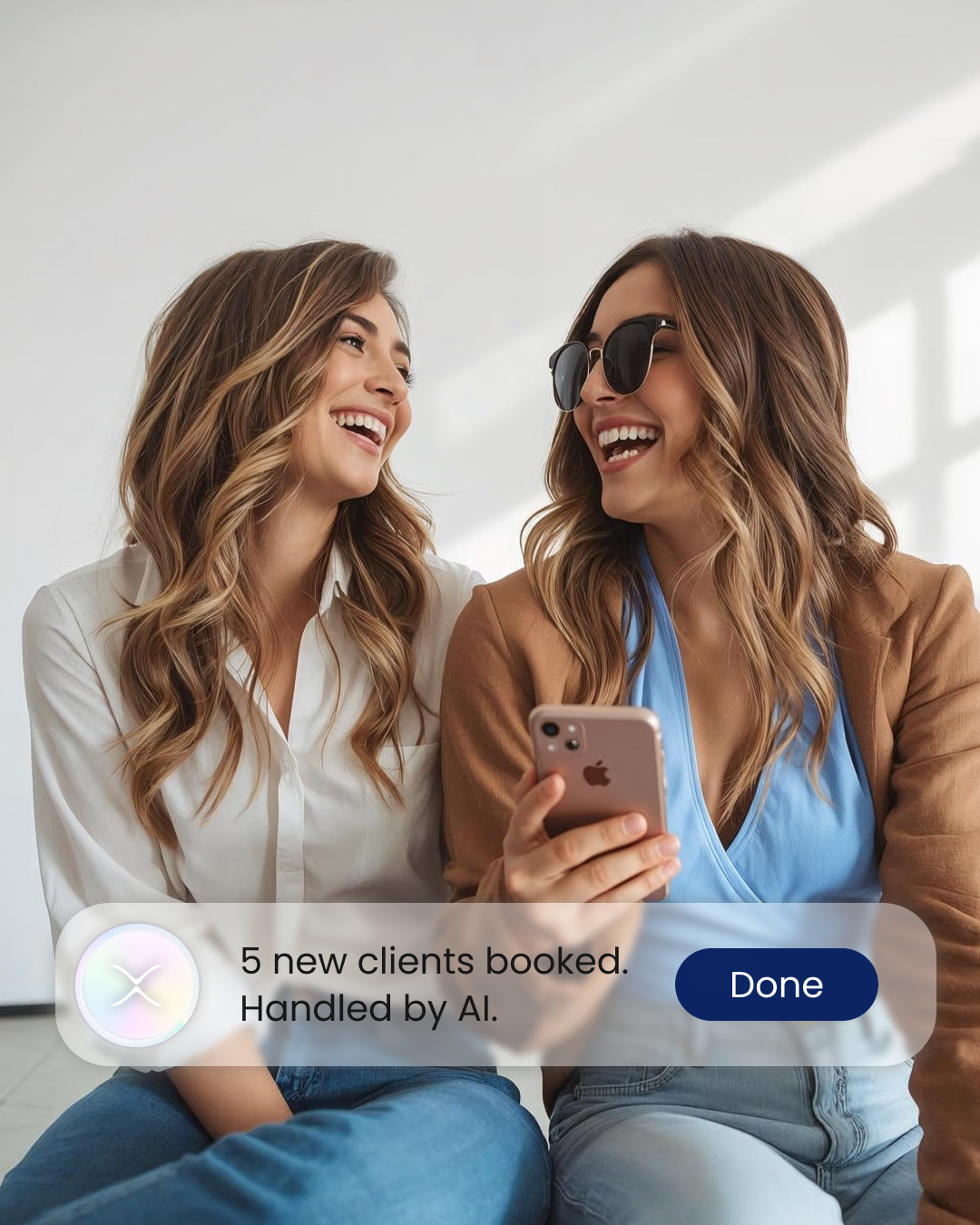 Two friends laughing while their AI agent handles bookings in the background